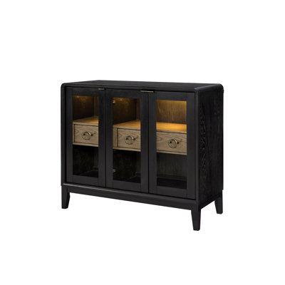 Peppercorn Finish Glass Door Server For Dining Or Living Spaces, Two Framed Doors Stylish Presentation, Center Drawers Storage, 42.69 In Deep, 17.92 Wide, 35.43 Tall With And Room Space Solid