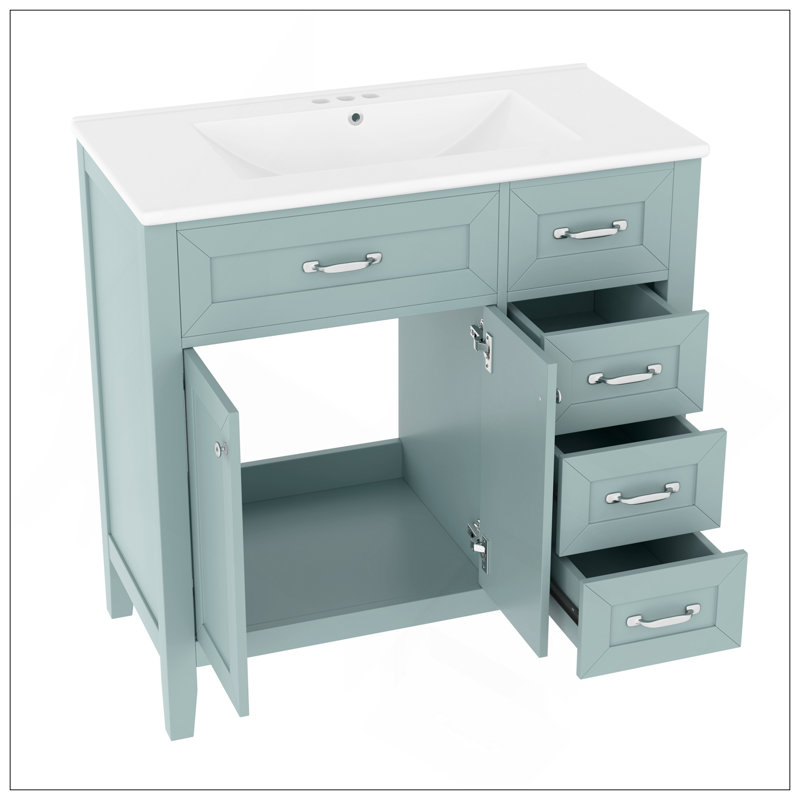 Meuble-lavabo 36 po avec lavabo, armoire de salle de bain blanche avec tiroirs, structure solide et panneau de fibres à densité moyenne