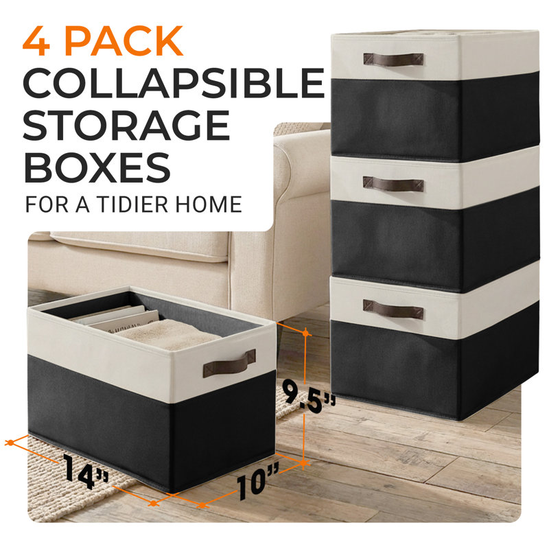  4 Pack Large Collapsible Fabric Storage Baskets with Handles for Closet and Shelves, Black, Black