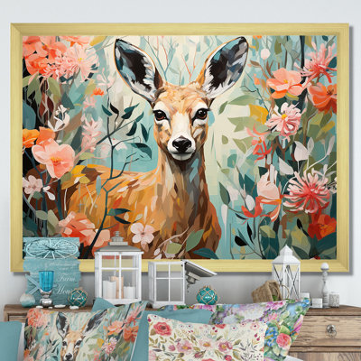 Fleurs de cerf roses et vertes - Art mural animal cerf