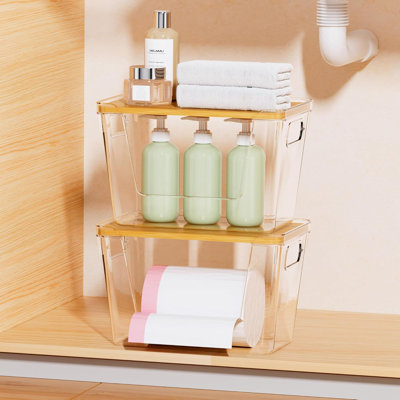 2 Pack Trash Bag Dispenser with Bamboo Lid - Acrylic Holder for 4-33 Gallon Bags, Space-Saving Organizer