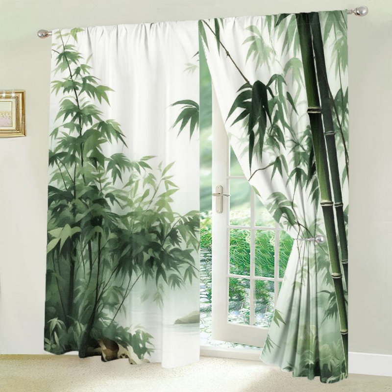 2Pcs Rideau de fenêtre en bambou vert, impression de paysage, décoration de pièce pour salon, salle à manger, cuisine, bureau, passe-tringle, rideaux