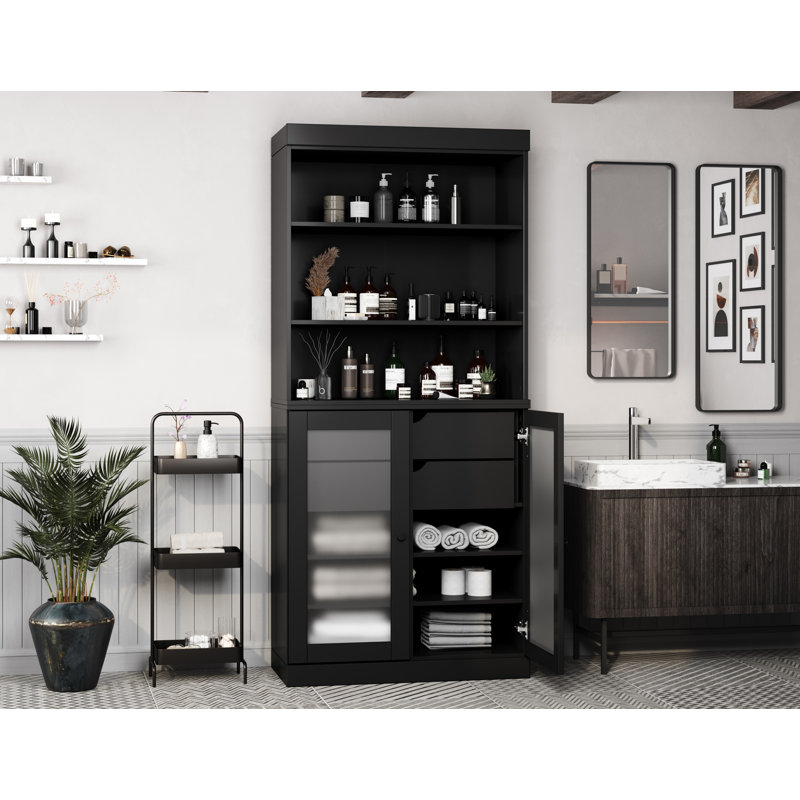 32" 100% Solid Wood Freestanding Bathroom Cabinet with Frosted Glass Doors, 2 Drawers & Adjustable Shelves – Modern Bathroom Storage