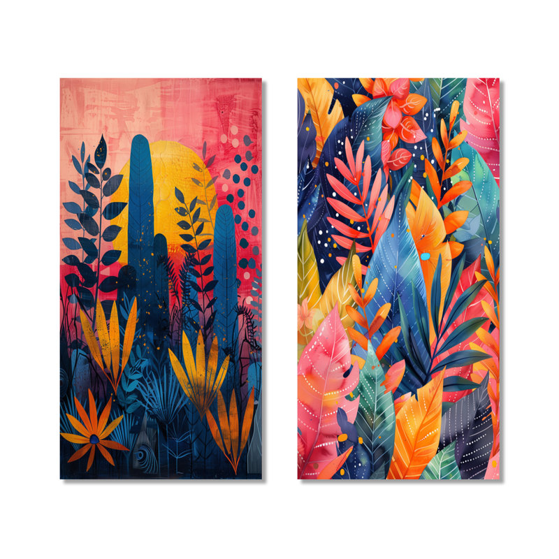 «Blue Pink Palms Desert Paradise I», ensemble de 2 reproductions d'art mural en métal, 40" H x 40" W