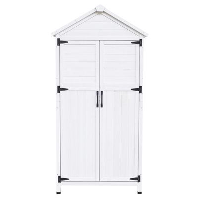 Rangement extérieur 67 po en bois de sapin blanc avec quatre compartiments pour pelles de jardin en douceur - ouverture double portes et intérieur organisé