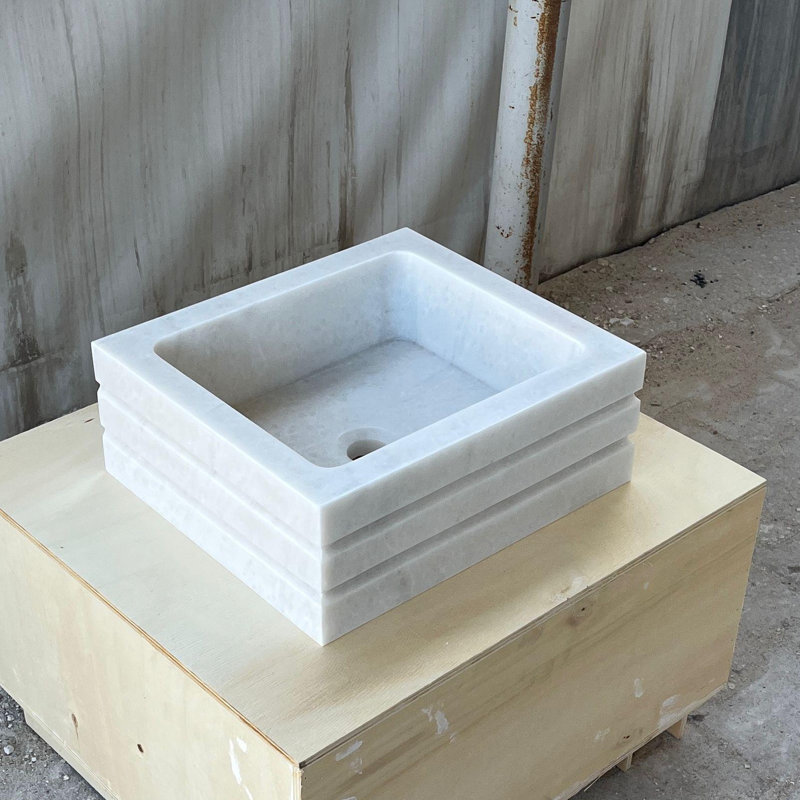 Hand-Carved Solid Marble Square Vessel Sink, Modern Layered Design
