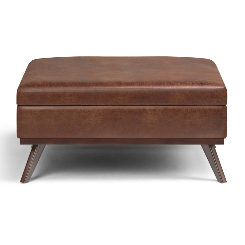 Owen 40"W Upholstered Mid-Century Modern Square Lift-Top Ottoman with Ample Storage, Distressed Saddle Brown