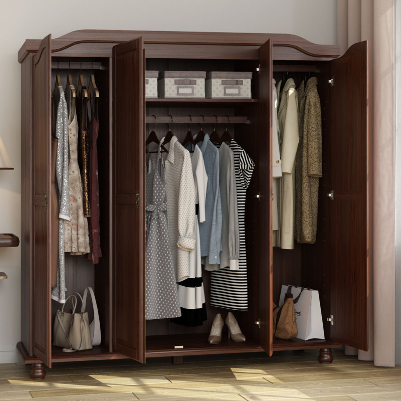 Armoire penderie 100% bois massif 4 portes Kyle, Moka
