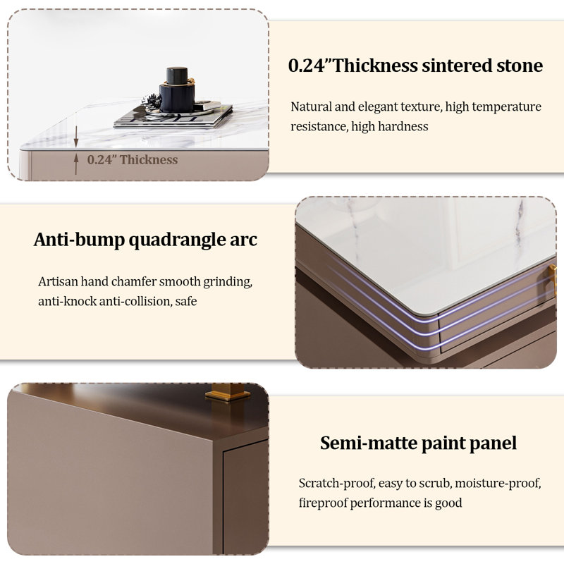 Beige Rectangular Sintered Stone Desk,5-Solid Wood drawer