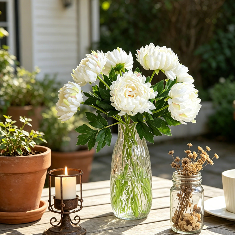 Ensemble de 6 branches de fleurs artificielles de chrysanthème 18,11 po à tige blanche soyeuse et souci de mariage