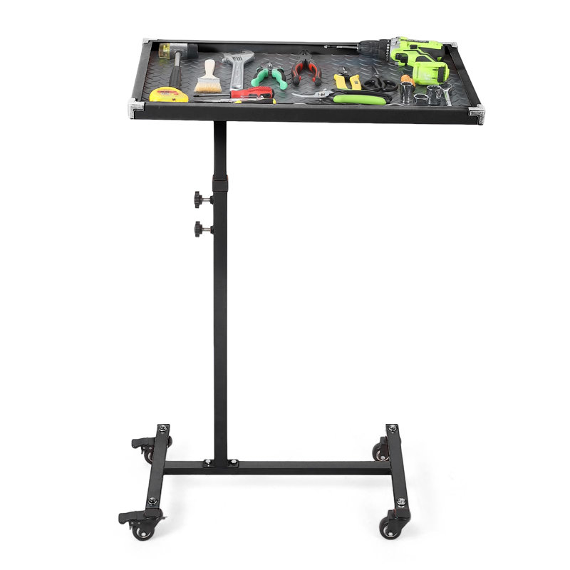 Table à roulettes à hauteur ajustable, établi en acier avec plateau, capacité de 220 lb, roues verrouillables, surface antidérapante pour le garage, l'atelier et le bricolage