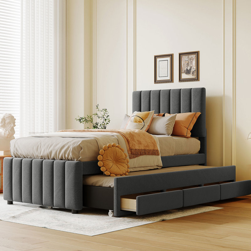 Lit simple tapissier avec lit gigogne et 3 tiroirs Stripe, Lit simple