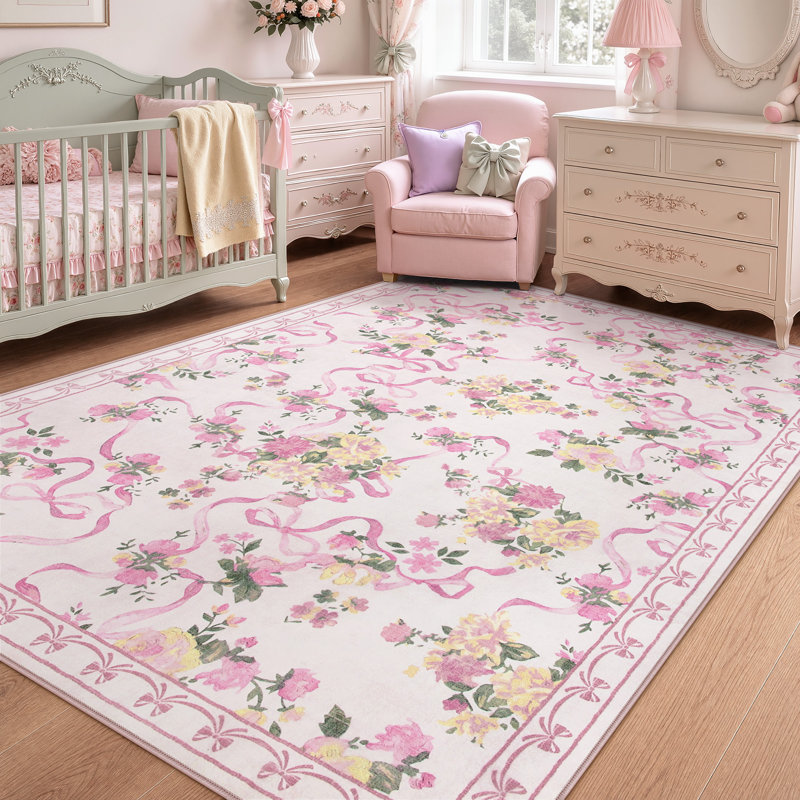Tapis intérieur lavable antidérapant Boho, Pink, Rectangle 5' x 7'