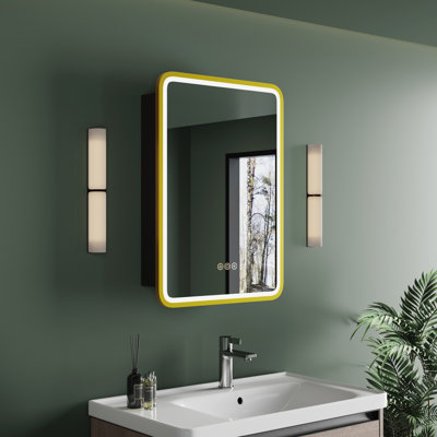 Gernold 16''W x 28''H LED Medicine Cabinet with Mirror, Dimmable Light, Anti-Fog, Memory Function, Extra-Large Storage Space,  Adjustable Glass Shelves, ETL Listed, Right Hinge, Gold