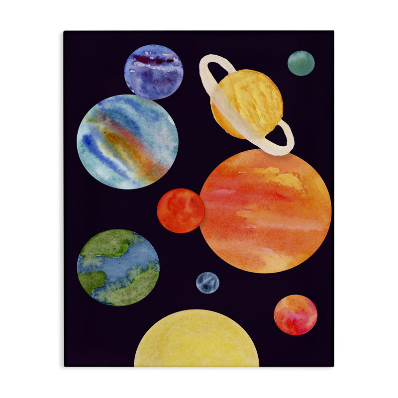 Planètes aquarelles sur toile noire, design par Corinne Rose Designs, H 20 po x l 16 po