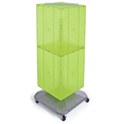 Présentoir de plancher à quatre côtés en équerre sur base pivotante à roulettes. Support à roulettes. Taille du panneau: l 14 po x H 40 po