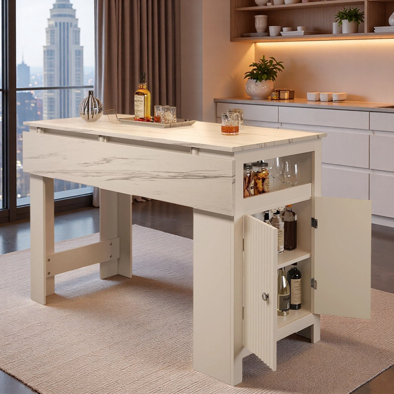 Table de salle à manger 3 en 1 avec plateau pliable, armoire fermée, tablette réglable, compartiment ouvert et crochets latéraux