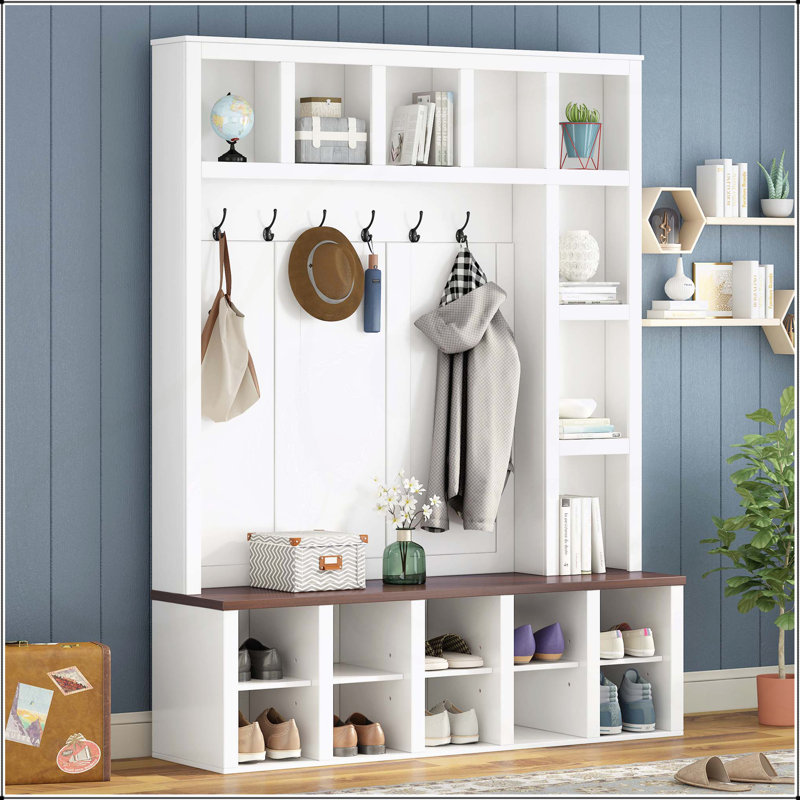 Arbre d'entrée multifonctionnel 4-en-1 avec portemanteau, armoire à chaussures, banc et tablettes de présentation pour une organisation efficace