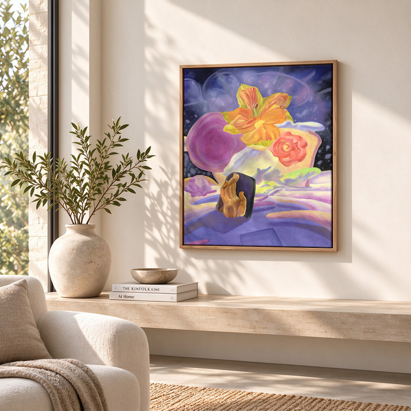 Main dans une nature morte florale surréaliste sur toile murale, H 14 po x l 11 po, Walnut Frame