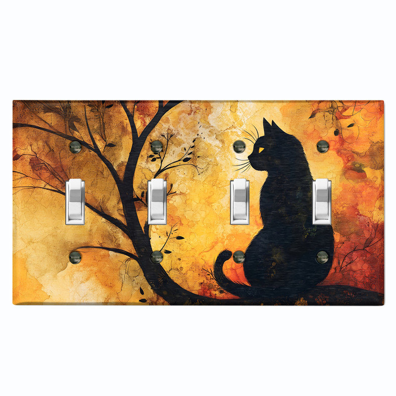 Couvercle de plaque d'interrupteur en métal; Bascule 4 US standard - chat d'Halloween, # 4 Quad bascule