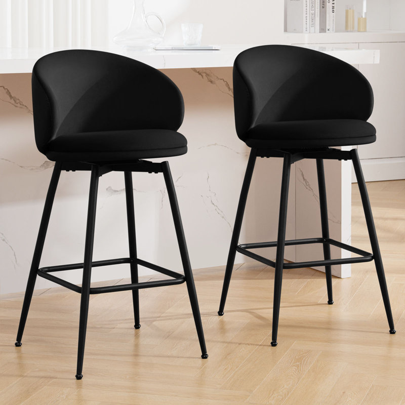 Black Velvet Upholstered Swivel Counter Height Bar Stools, Set of 2