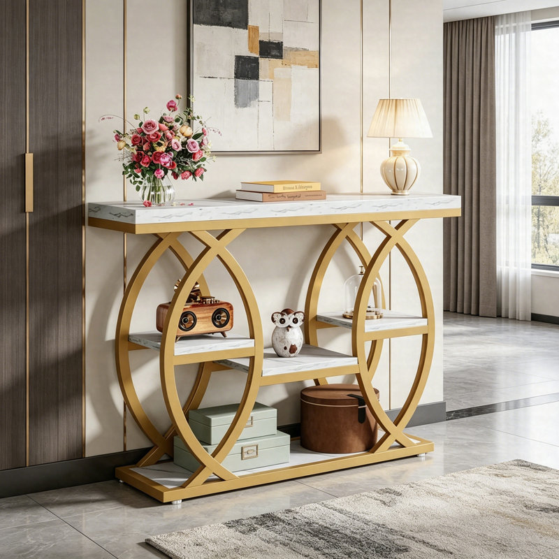 Console 39 po à 4 niveaux, canapé d'entrée avec tablettes de rangement, table d'appoint industrielle étroite, Blanc, Doré