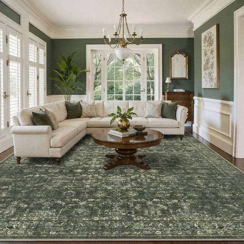 Vintage Boho Area Rug - Washable Non Slip Low Pile Rug, Dark Green, Rectangle 10' x 12'