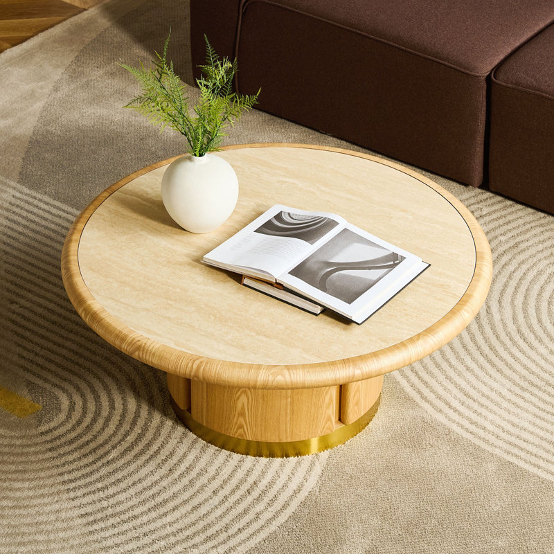 Table basse ronde de 35,43 pouces, table avec piédestal robuste en panneau de fibres à densité moyenne avec acier inoxydable brossé, table de table en pierre frittée, table d'appoint ronde pour le salon, le bureau