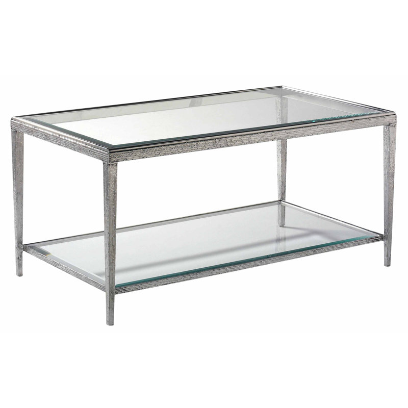 Nickel Finish Glass Top Rectangular Cocktail Table with Storage