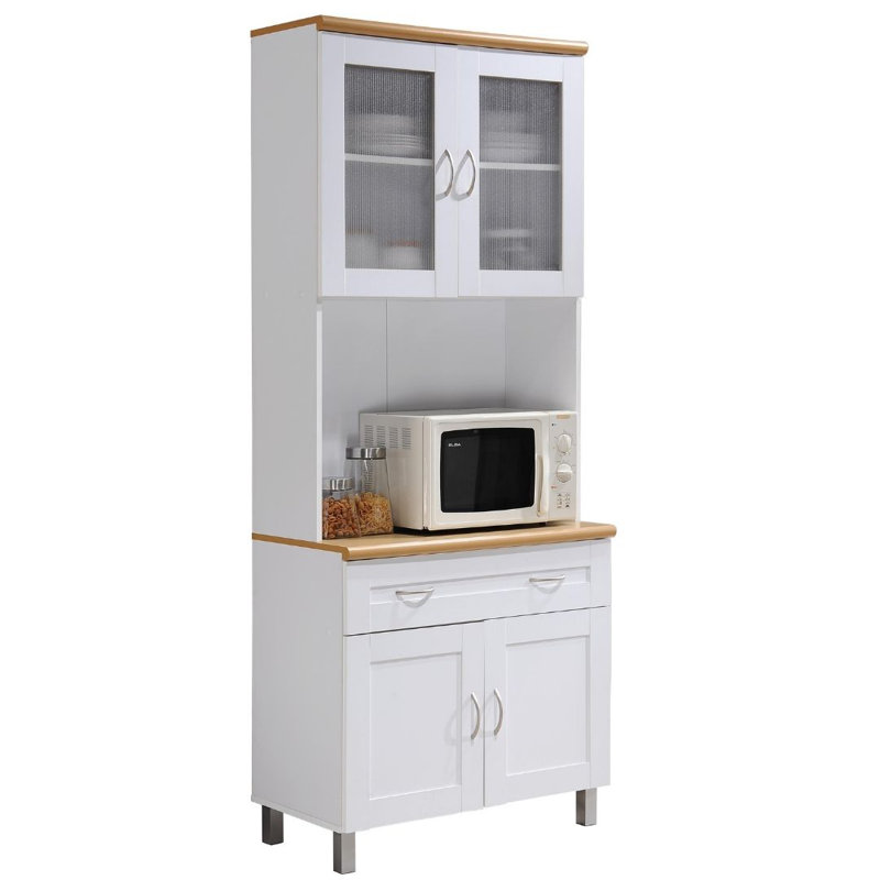 Kitchen Cabinet 31.5 inch Wide Freestanding China Display Hutch with Storage, Microwave Shelf and Utensil Drawer, White