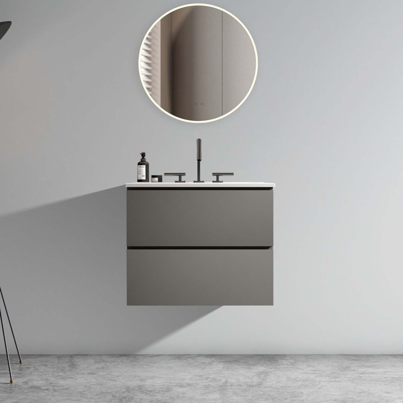Meuble-lavabo mural en noyer avec lavabo en céramique avec trois trous de robinet, grand meuble-lavabo flottant de rangement pour salle de bain moderne, pré-assemblé