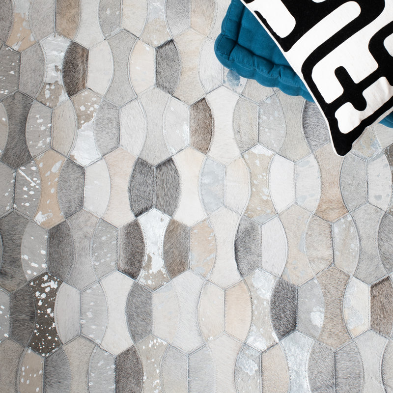 Ivory and Gray Geometric Handmade Cowhide Rug, 8' x 10'