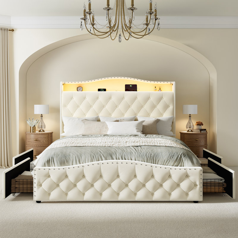 Upholstered Queen Bed Frame with 4 Storage Drawers and 52.5" Tall Headboard,  Platform Bed with Charging Station & LED Light, No Spring Box Needed
