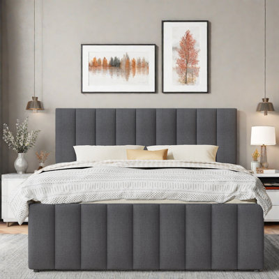 Lit plateforme tapissier avec lit gigogne simple, 3 tiroirs et tête de lit à rayures