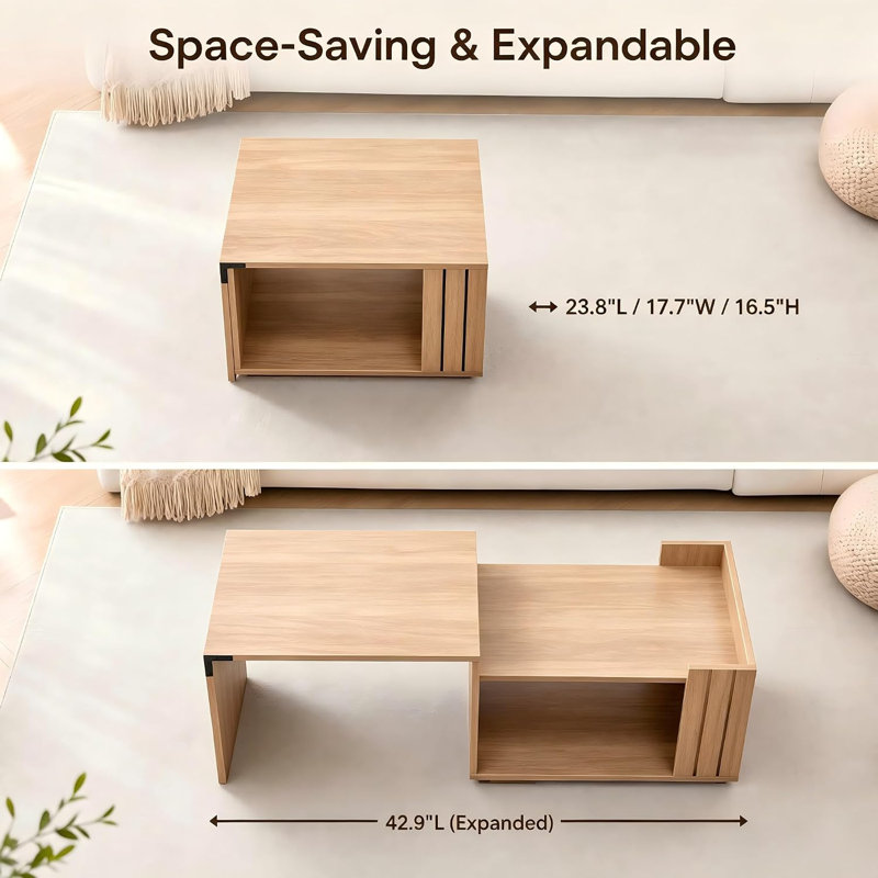 Table basse extensible avec rangement pour salon, Naturel