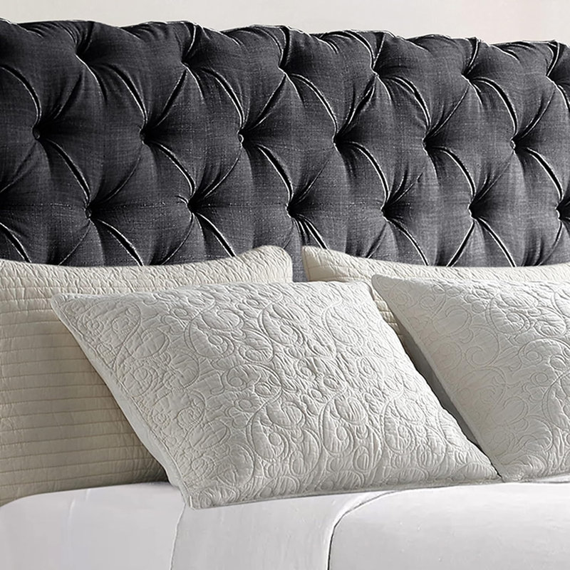 Structure de lit rembourrée en tissu de lin avec tête de lit réglable / style Chesterfield / support à lattes de bois, Noir