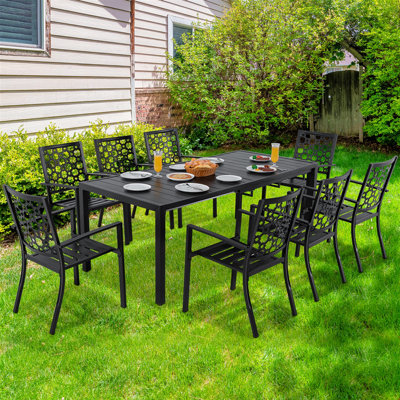 MEOOEM 9-Piece Sturdy Metal Outdoor Dining Set,8 Metal Patio Chairs, 79” Expandable Table, Patio Furniture for Backyard, Courtyard & Deck Gatherings