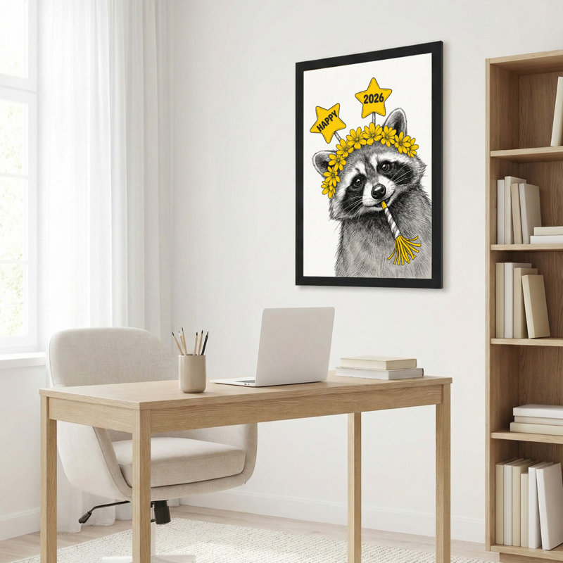 Ensemble de 1 tableau sur toile représentant un raton laveur avec une couronne de fleurs et un chapeau de fête