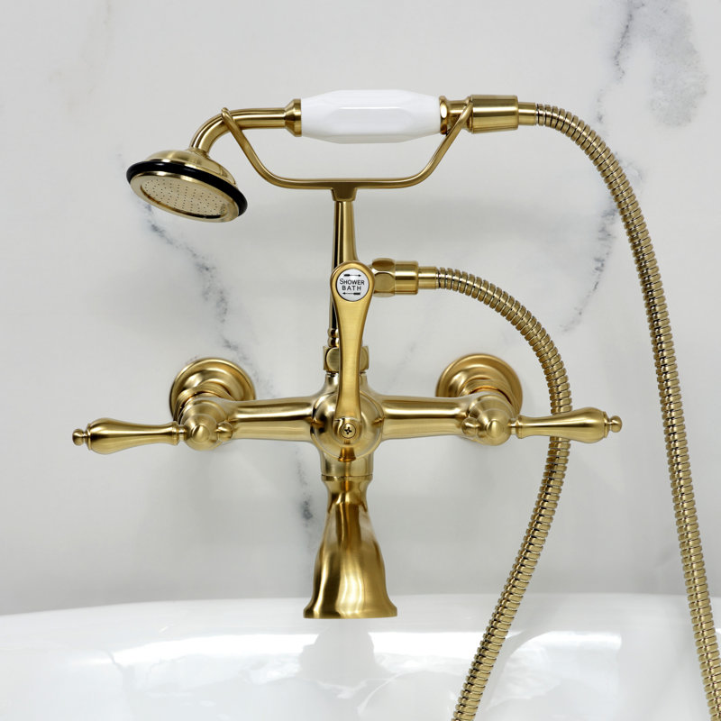 Kingston Brass Vintage Three-Handle 2-Hole Tub Wall Mount Clawfoot Tub Faucet with Hand Shower, Brushed Brass