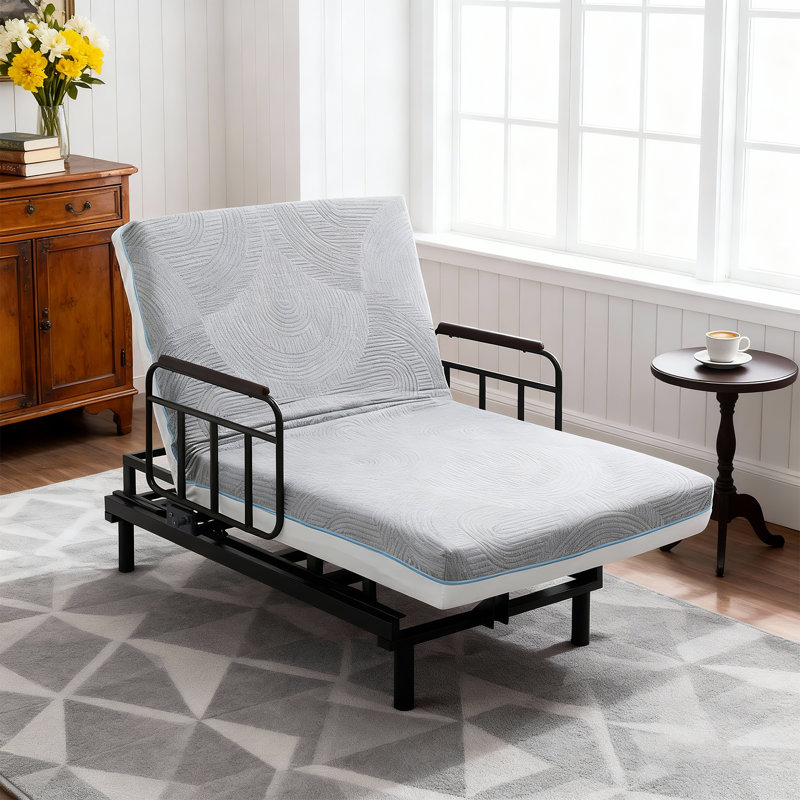 Electric Lift Bed for Home - Adjustable Backrest & Legs with Wired Remote, Built-in Safety Rails & Detachable Meal Tray, Easy-Access Care Bed