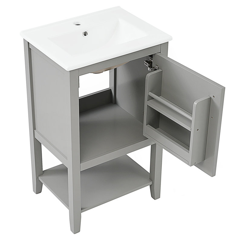 Meuble-lavabo moderne avec lavabo, armoire de salle de bain avec support de rangement et tablette ouverte, Gris
