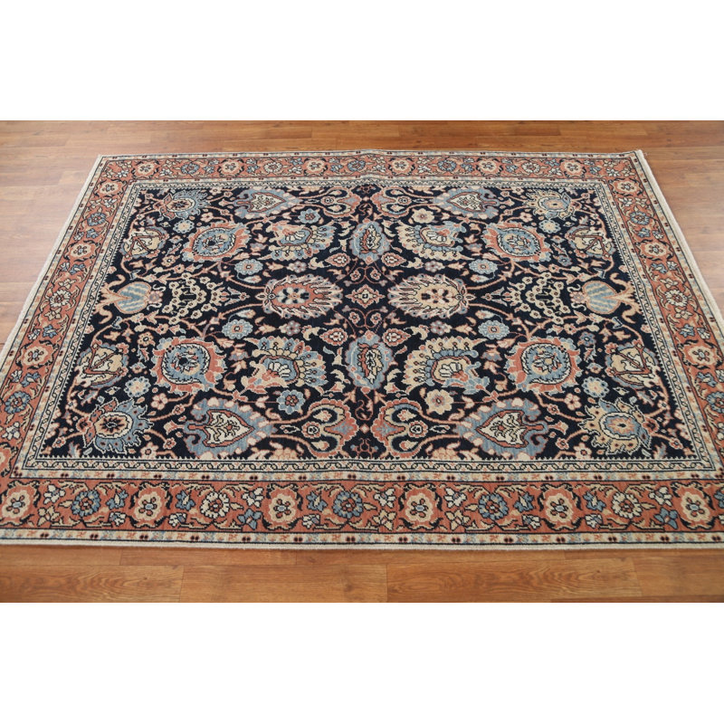 Tapis bleu marine en laine noué à la main de conception unique 5 pi x 6 pi 10 po New Age