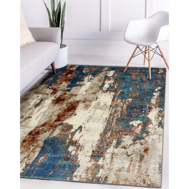 Tapis bleu / beige semiha, Tapis de couloir de 2 pi x 7 pi