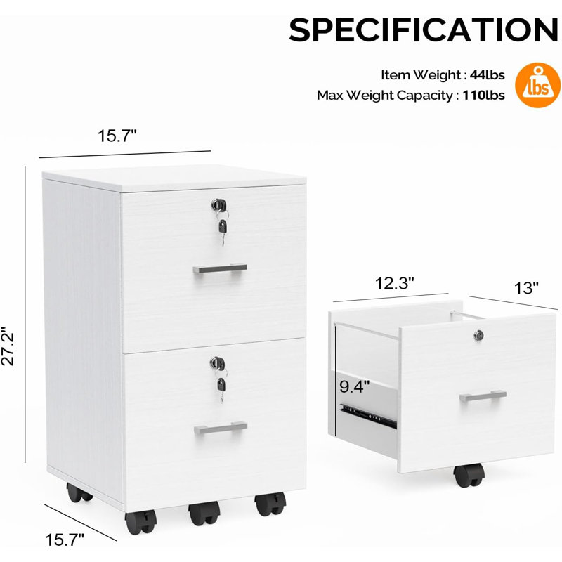 Kayeson 15.7'' Wide 2 -Drawer Mobile File Cabinet, White