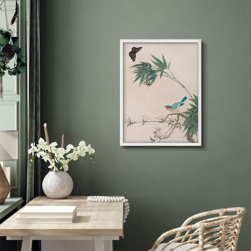 «Delicate Bird and Bamboo with Butterfly in Nature-Inspired Art», affiche rustique encadrée, Blanc / Blanc, H 14 po x l 11 po