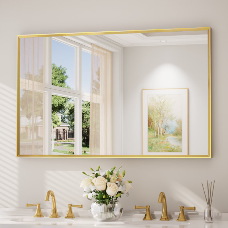 Bathroom Vanity Mirror with Aluminum Frame and Tempered Glass, Brushed Gold, Rectangle, 48" x 30"