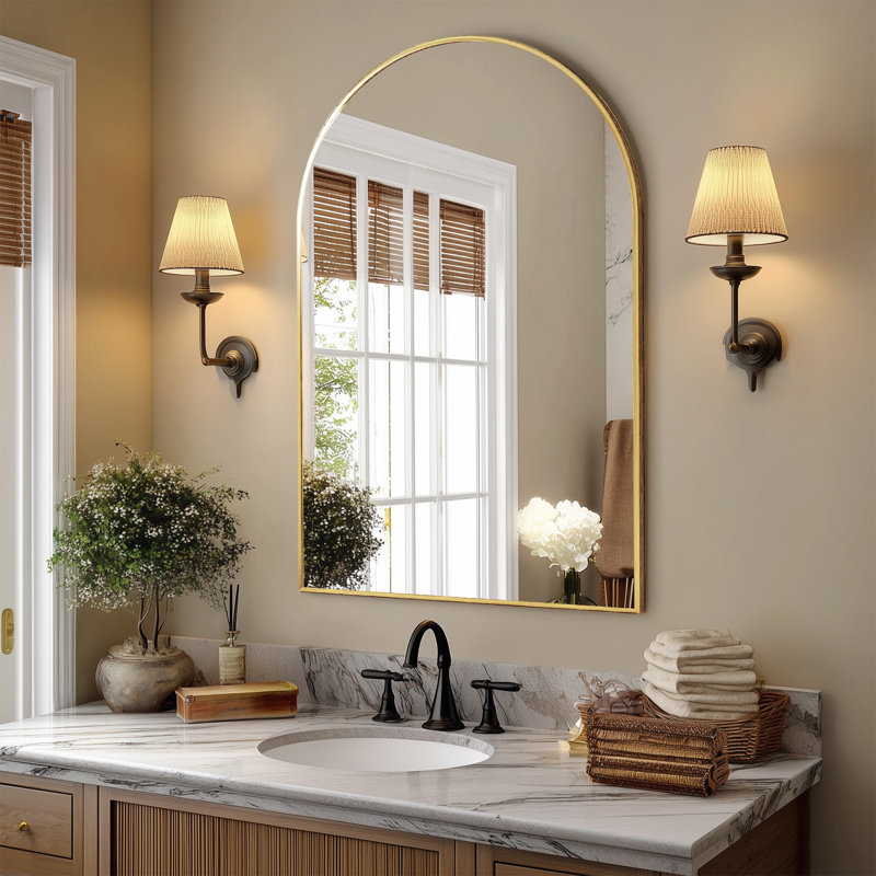 Aluminum Framed Arched Wall Mounted Bathroom Vanity Mirror, Gold, 38" x 26"