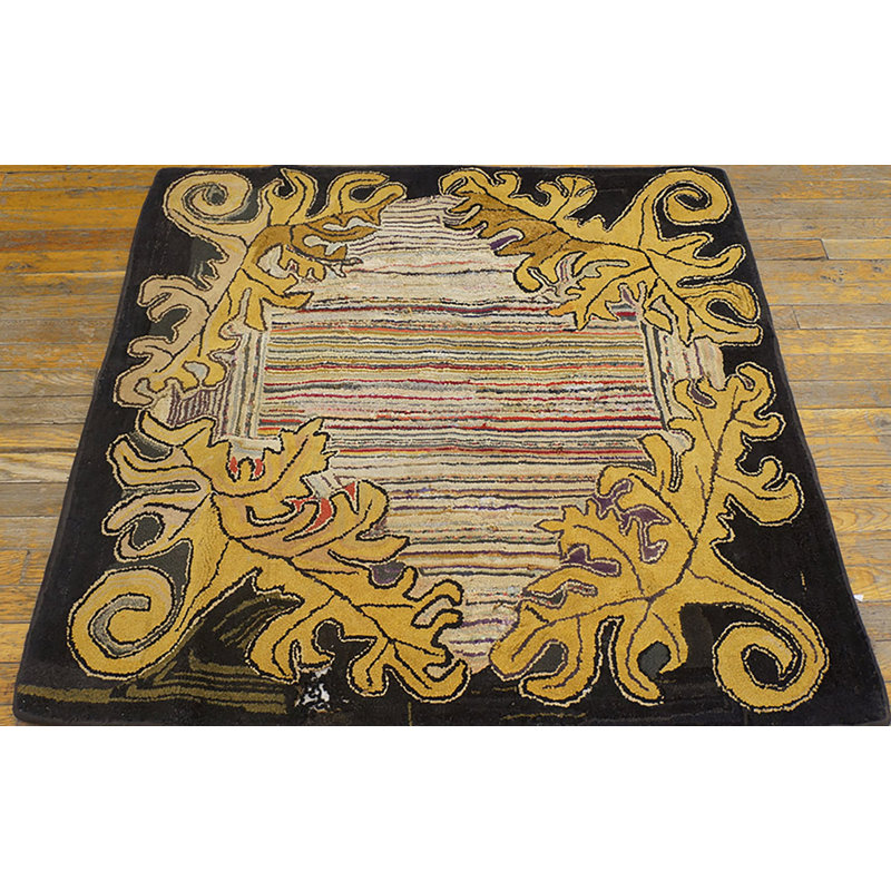 Small Size Square Shape Antique Artistic American Folk Art Hooked Rug