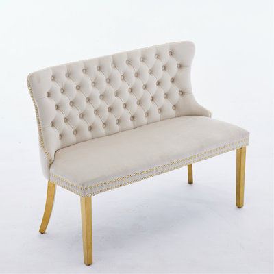 Velvet Double Dining Loveseat Bench, Kitchen & Dining Seating, 2-Seat Tufted Bench W/Handmade Buttons, Wing Back, Gold-Plated Steel Legs, Mid Century Modern