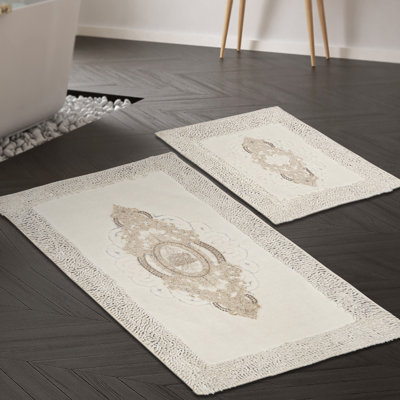 Luxurious Bathmat Set (2 Pieces), Cream Colour, 19.7 x 23.6 inches & 23.6 x 39.4 inches | 100% Polyester, 15 mm Pile Height, Non-Slip Underside, Antibacterial | Machine Washable for Easy Care & Long-Lasting Durability